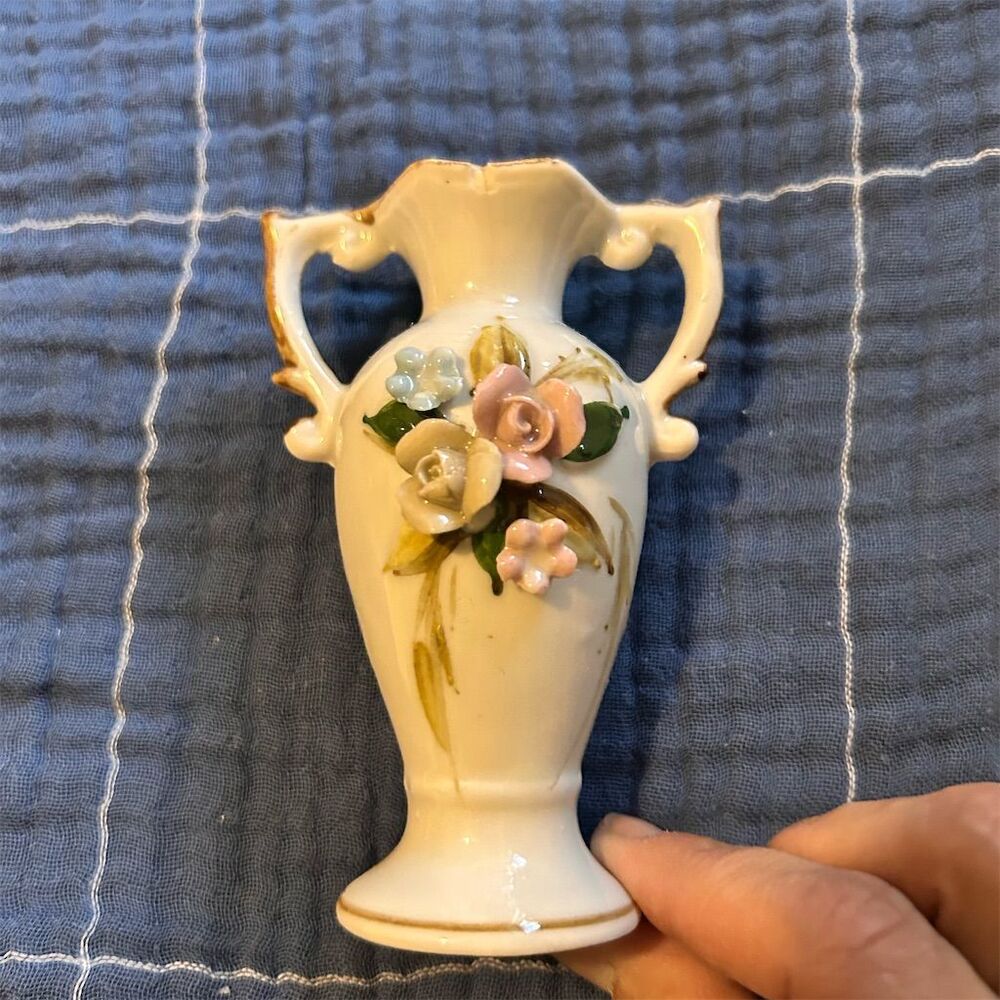 Vintage Porcelain Bud Vase 3D Floral Design Gold Trim 5" Multicolor